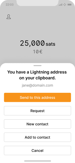 A payment request screen with options to send, request, and add to contacts